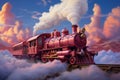 A pink train traveling through a cloudy blue sky. Smoke from the chimney of a retro locomotive
