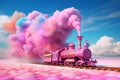 pink train traveling on a rainbow salt plain, in the style of fantastical otherworldly visions