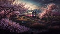 A pink train travels through a countryside with cherry blossom trees in bloom