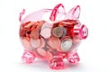 Pink transparent piggy bank full of coins on a white background. Deposits, savings for education, health, housing Royalty Free Stock Photo