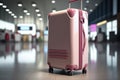 Pink travel suitcase in airport terminal. Mockup luggage. Royalty Free Stock Photo