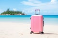 pink travel suitcase on tropical beach AI generated