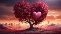 Pink tree with leaves in the shape of love hearts at sunset, romantic view for valentine's day