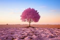a pink tree stands alone in a field