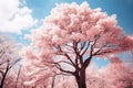 a pink tree stands in front of a blue sky