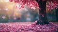 Pink Tree Trunk Surrounded by Fallen Petals Royalty Free Stock Photo