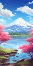 Anime-inspired Artwork With Beautiful Mountain Background And Cherry Blossoms