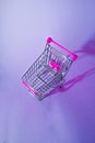 Pink trolley shopping chart on purple background with lots of em