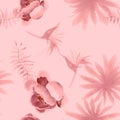 Pink Tropical Background. Coral Seamless Illustration. Gray Pattern Textile. Garden Nature. Wallpaper Painting. Royalty Free Stock Photo