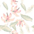 Pink Tropical Botanical. Coral Seamless Botanical. Gray Pattern Nature. Yellow Floral Leaves. Flower Leaf. Decoration Vintage.