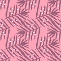 Pink tropical fern leaves pattern. Palm leaf seamless. Abstract exotic leaves endless backfrop. Jungle foliage wallpaper