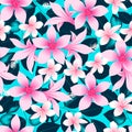 Pink tropical hibiscus flowers with blue leaves seamless pattern