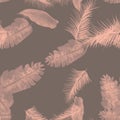 Pink Tropical Hibiscus. Gray Seamless Leaf. Coral Pattern Background. Black Banana Leaves. Decoration Design.