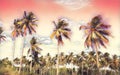 Pink tropical landscape with palm trees. Exotic island digital painting.
