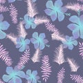 Pink Tropical Leaf. Azure Seamless Hibiscus. Coral Pattern Texture. Navy Flower Leaves. Blue Wallpaper Hibiscus.