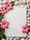 Pink tropical plumeria, frangipani flowers on white stone background. Top view, space for text.