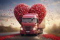 A pink truck drives down a road of pink petals with pink heart-shaped balloons