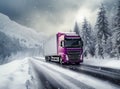 A pink truck driving on a snowy mountain road with trees and mountains in the background.