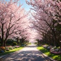 a pink trumpet tree and flowers in the garden tunnel.