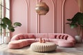 Pink tufted curved round sofa and pouf against terra cotta classic wall panels. Art deco style home interior design of modern room