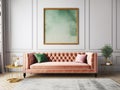 Pink tufted velvet sofa and frame on the wall. Interior design of modern living room. Created with generative AI Royalty Free Stock Photo