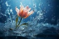 Pink tulip flower being drowned by flood of water