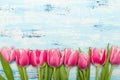 Pink tulip flowers on blue wooden background, copy space. Royalty Free Stock Photo