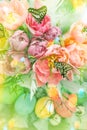 Pink tulip flowers, butterflies and colored eggs. Light leaks Royalty Free Stock Photo
