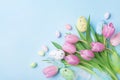 Pink tulip flowers, feathers and colorful eggs on blue table top view. Happy Easter greeting card. Royalty Free Stock Photo