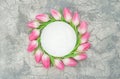 Pink tulip flowers Floral flat lay background