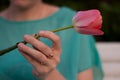 Pink tulip in the left woman hand. Gir in green dress l with jewelry on fingers holding a flower. Royalty Free Stock Photo