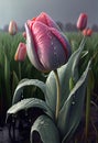 Pink tulip in the rain, in the background a large field of tulips. AI generated Royalty Free Stock Photo