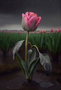 Pink tulip in the rain, in the background a large field of tulips. AI generated Royalty Free Stock Photo