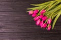 Pink tulips on the black background. Flat lay, top view. purple easter tulips arrangement with space for text Royalty Free Stock Photo