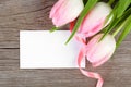 Pink tulips and blank card Royalty Free Stock Photo