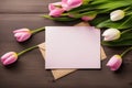 Pink Tulips with Blank White Card Royalty Free Stock Photo