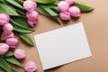 Pink Tulips with Blank White Card Royalty Free Stock Photo