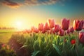 Pink tulips blooming on field evening sunshine. Beautiful Spring background with tulips. generative AI