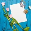 Pink tulips on a blue wooden board Royalty Free Stock Photo