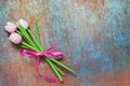 Pink tulips, a bouquet of three flowers. Artificial flowers wooden tulips Royalty Free Stock Photo