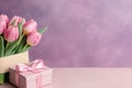 pink tulips with box on wooden background pink tulips in a box pink tulips with box Royalty Free Stock Photo