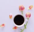Pink tulips, coffee cup and notebook over white wbackground in a flat lay composition