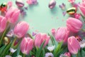 Pink tulips and Easter eggs form cheerful springtime background