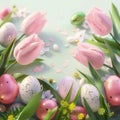 Pink tulips and Easter eggs form cheerful springtime background