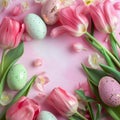 Pink tulips and Easter eggs form cheerful springtime background