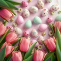 Pink tulips and Easter eggs form cheerful springtime background