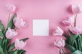 Pink tulips flowers and sheet of paper over light pink background. Saint Valentines Day frame or background. Royalty Free Stock Photo