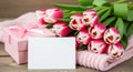 Pink tulips gift box and blank card white tulips pink gift box Royalty Free Stock Photo