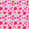 Pink tulips with leaves. Seamless pattern. Texture for print, fabric, textile, wallpaper. Hand drawn watercolor illustration on Royalty Free Stock Photo