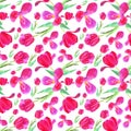 Pink tulips with leaves. Seamless pattern. Texture for print, fabric, textile, wallpaper. Hand drawn watercolor illustration on Royalty Free Stock Photo